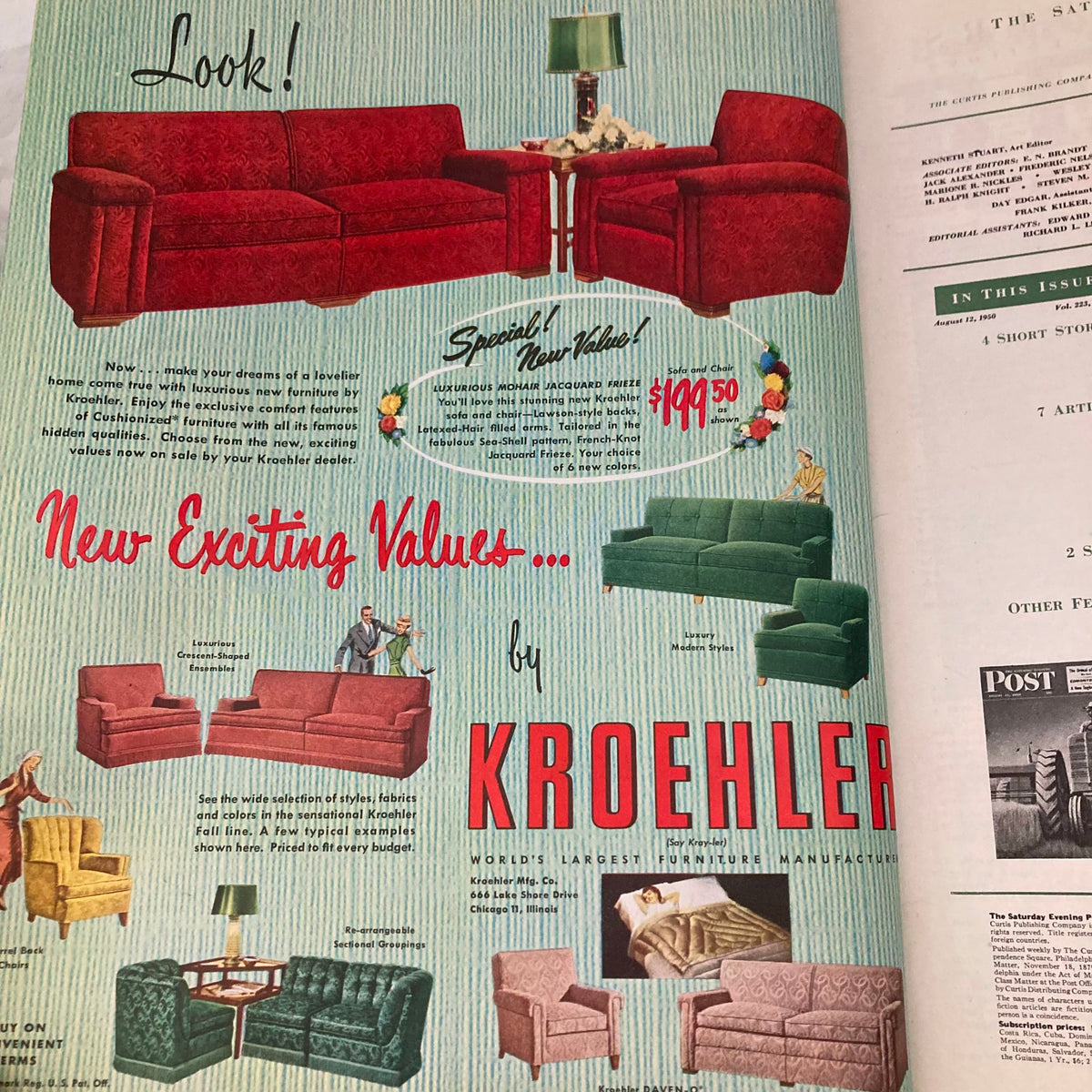 Advertisement page from the Saturday Evening Post Magazine August 12 1950 showcasing new furniture values by Kroehler, featuring vibrant colors and designs.