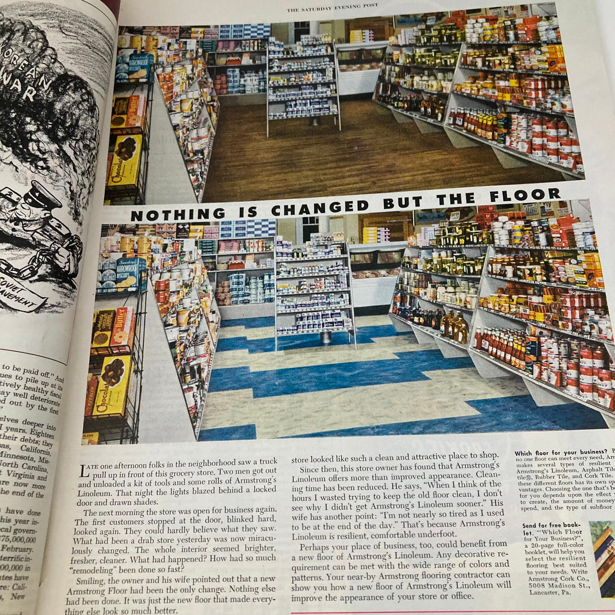 Saturday Evening Post Magazine August 12 1950 featuring an article on grocery store renovations, showcasing a transformed interior with colorful shelves and products, emphasizing the phrase 'Nothing is changed but the floor'.