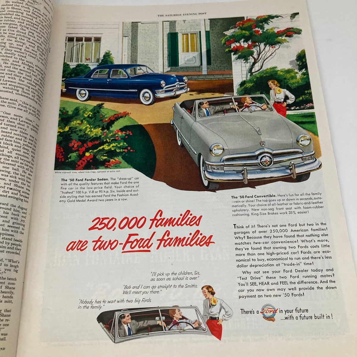 Saturday Evening Post Magazine August 12 1950 showcasing a vintage Ford advertisement, highlighting the 1950 Ford Sedan and Convertible in a suburban setting, emphasizing convenience for American families.