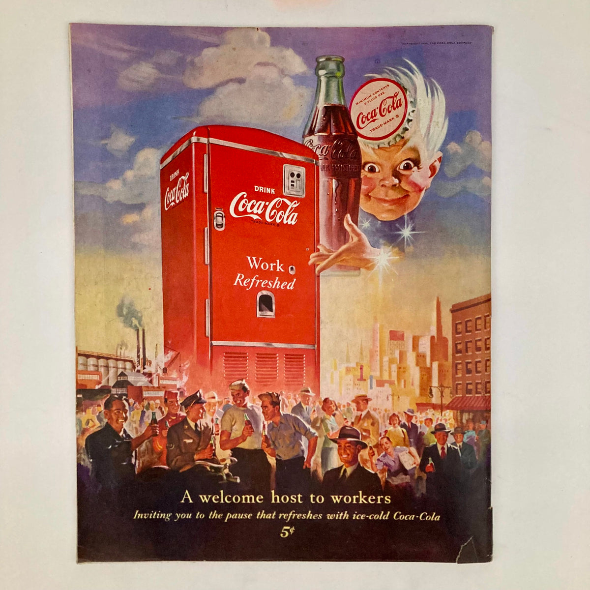 Saturday Evening Post Magazine August 12 1950 featuring a nostalgic Coca-Cola advertisement depicting a joyful scene of workers enjoying cold drinks, promoting the refreshing pause provided by Coca-Cola.