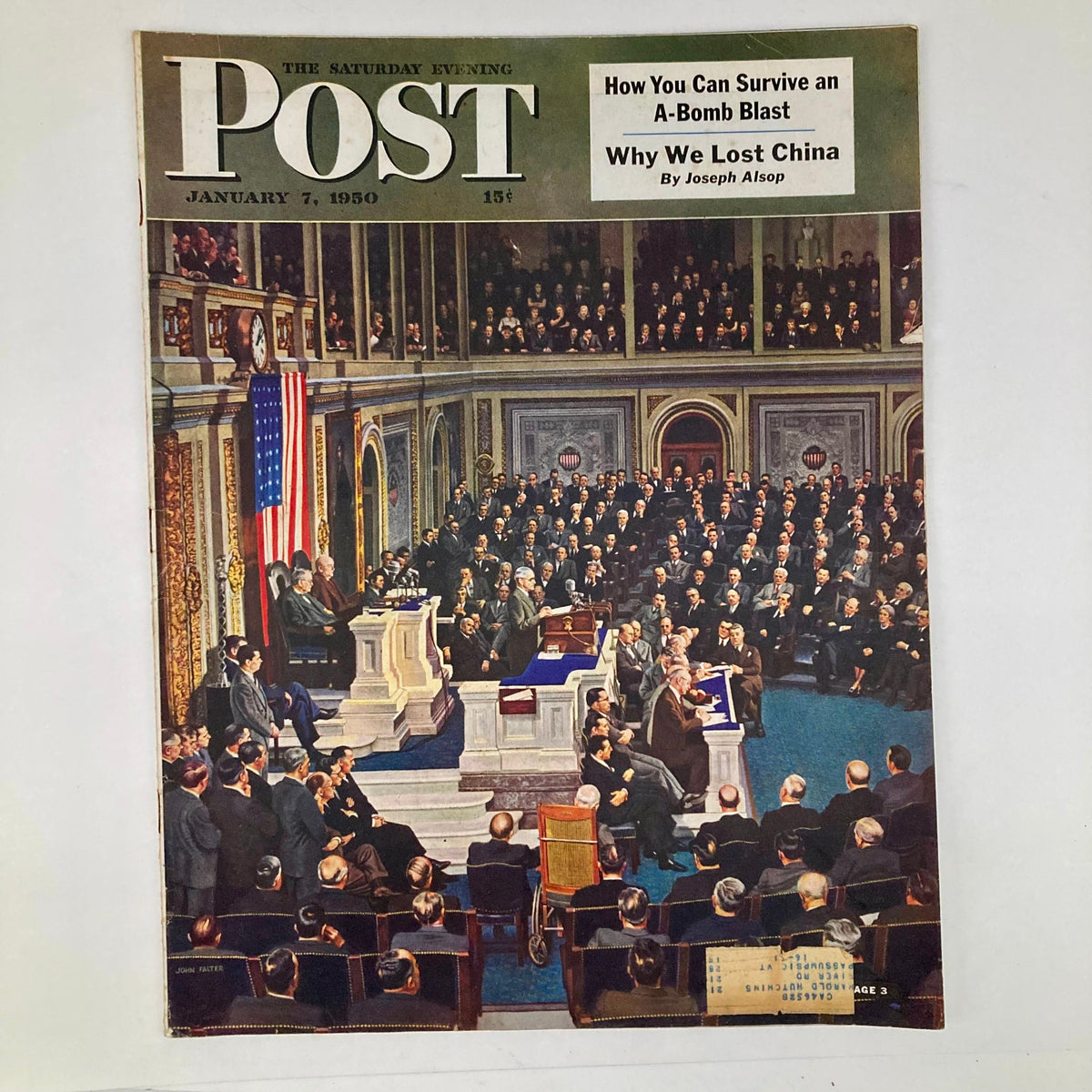 Cover of the Saturday Evening Post Magazine January 7, 1950, featuring an illustration by John Falter depicting a political scene with a packed audience and American flag.