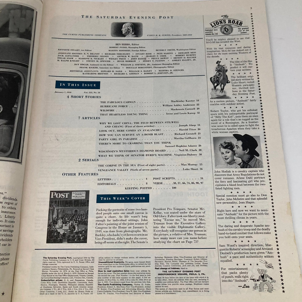 Interior page of the Saturday Evening Post Magazine January 7, 1950, showcasing the table of contents and articles feature, highlighting topics like A-Bomb safety and more.