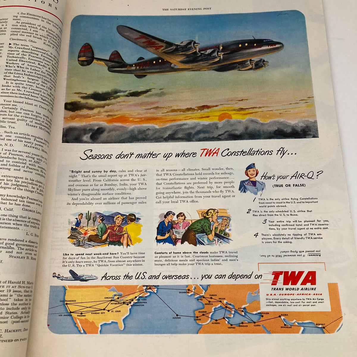 Advertisement page in the Saturday Evening Post Magazine January 7, 1950, promoting TWA airlines with colorful illustrations of planes and a travel map.