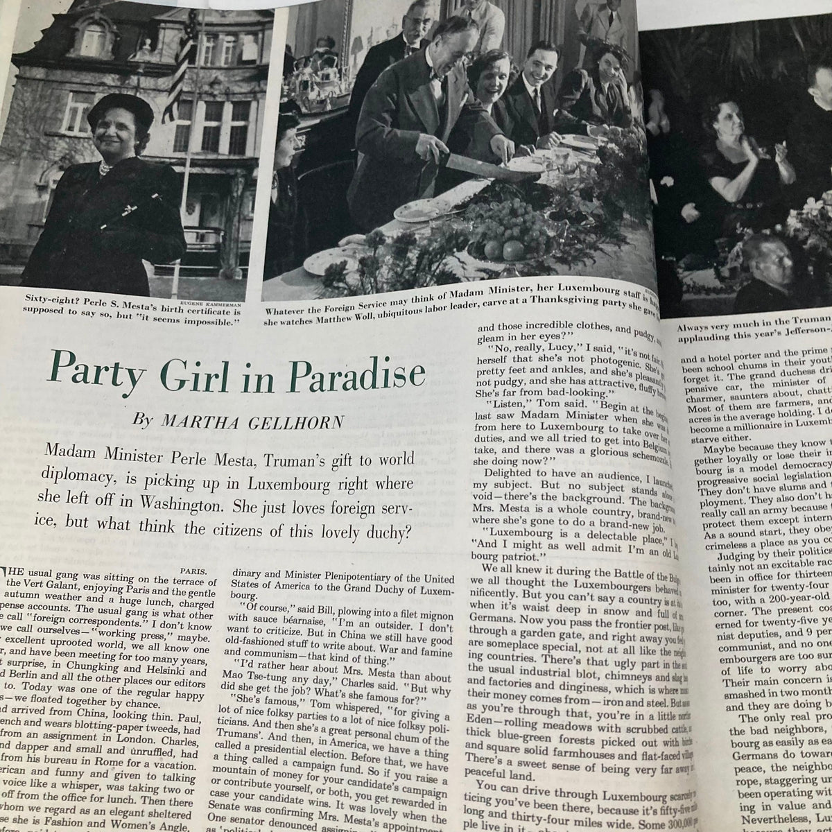 Article page from the Saturday Evening Post Magazine January 7, 1950, highlighting 'Party Girl in Paradise' with insights on Madam Minister Perle Mesta.