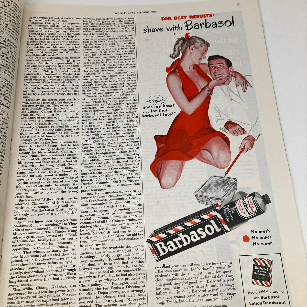 Interior advertisement from the Saturday Evening Post Magazine January 7 1950 promoting Barbasol shaving cream, highlighting a model in a red dress beside a man.
