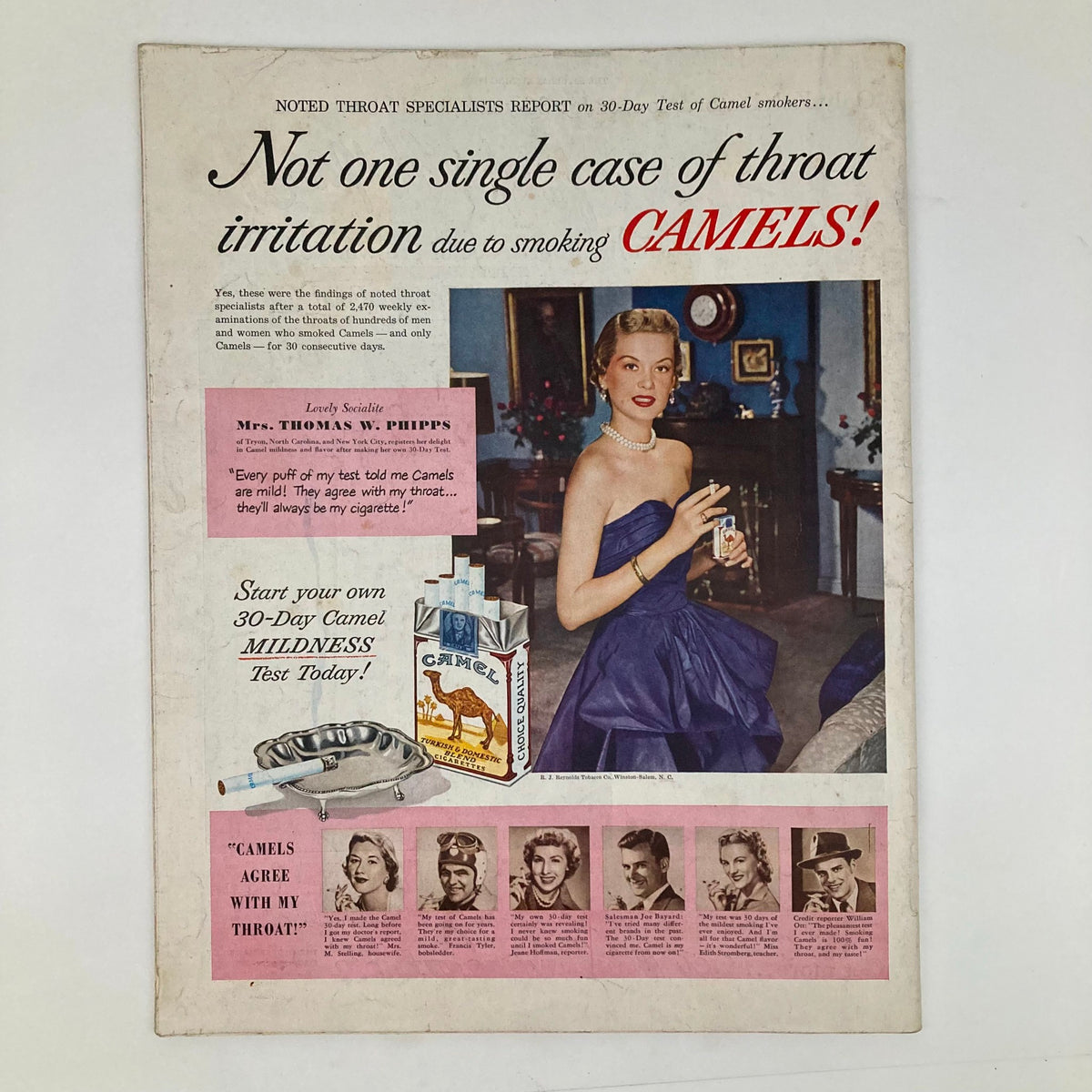 Back cover of the Saturday Evening Post Magazine January 7 1950 featuring a Camel cigarette advertisement with a model in a blue dress discussing the brand's throat irritation test.