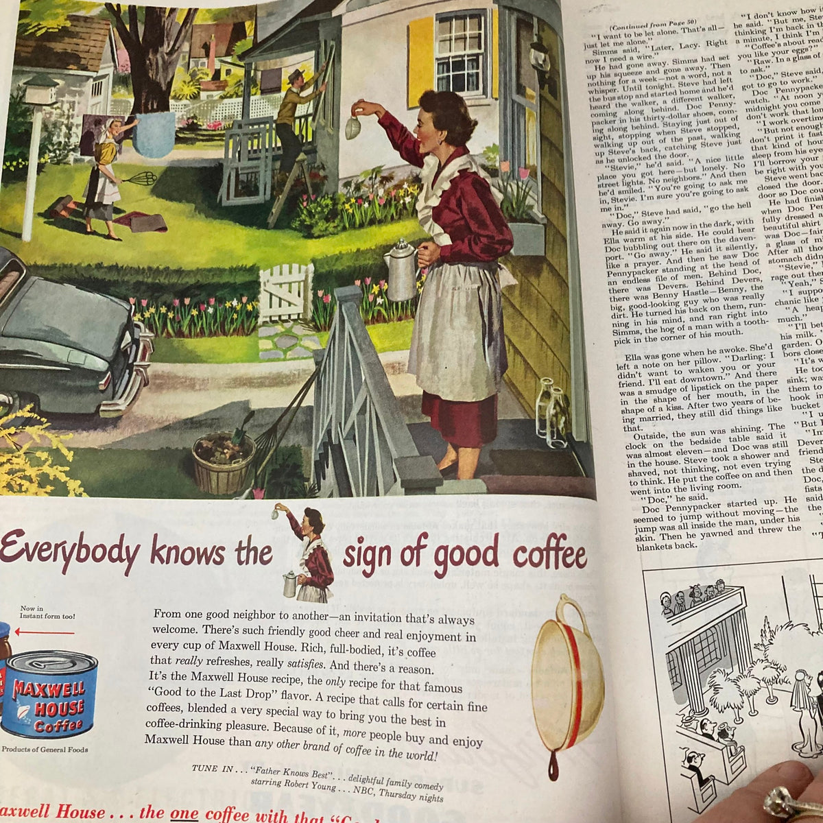 Inside page of the Saturday Evening Post from April 8, 1950, featuring an advertisement for Maxwell House coffee, illustrated in vibrant colors. The scene depicts a woman pouring coffee while others are engaged in activities around a suburban home.