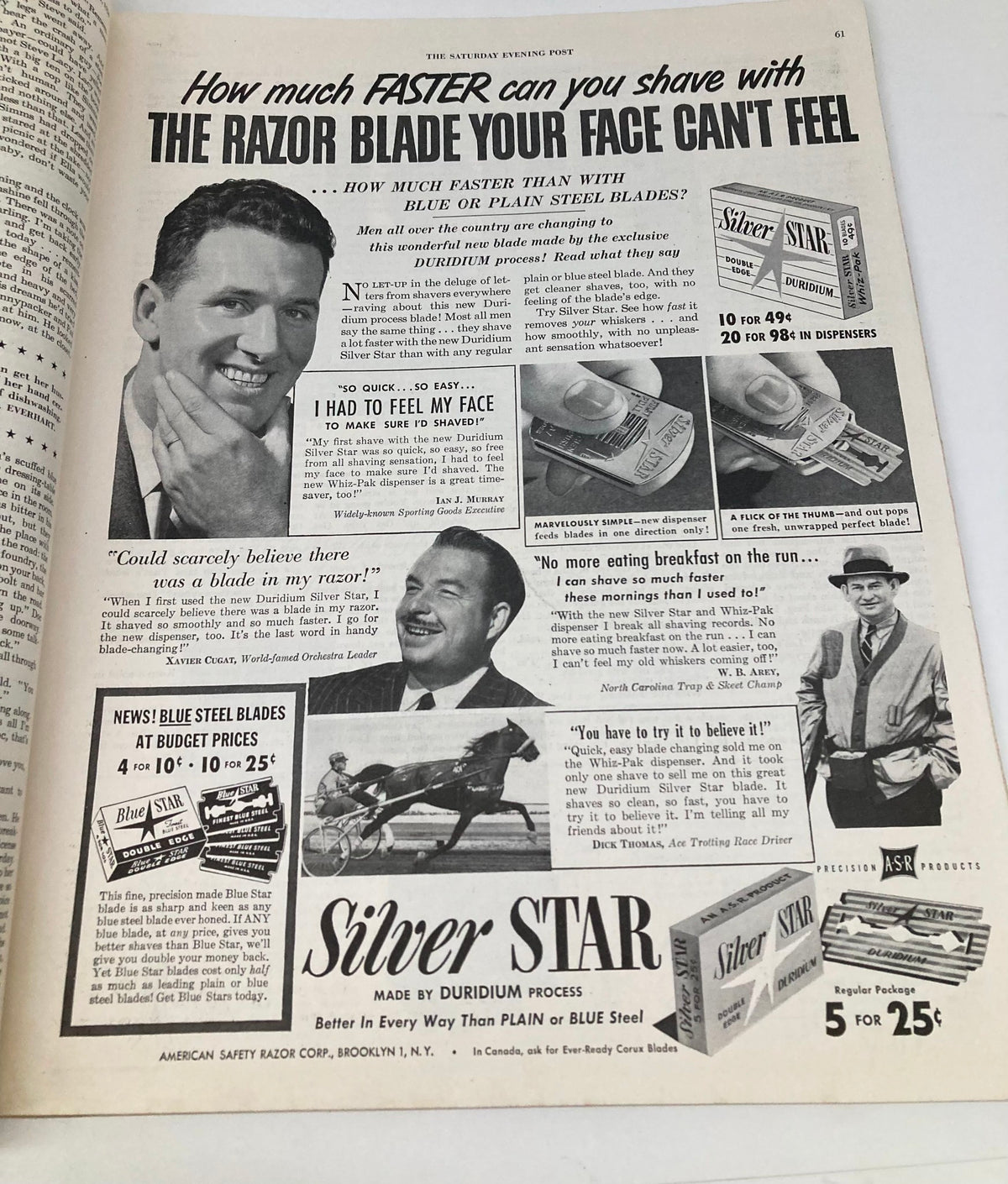 Ad page from the Saturday Evening Post April 8, 1950, showcasing the Silver Star razor blades with images of a man shaving and product details. The vintage advertisement highlights the efficiency and ease of use of the newly introduced shaving product.