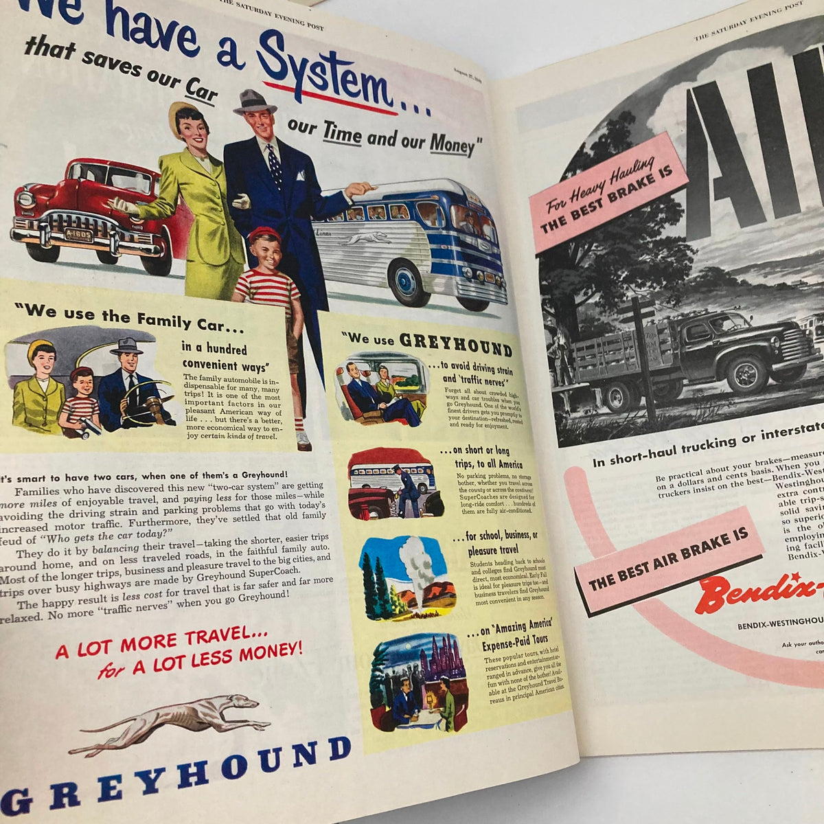 Vintage advertisement spread from the Saturday Evening Post August 27 1949 featuring Greyhound and family car travel options, illustrating American transport culture after WWII.