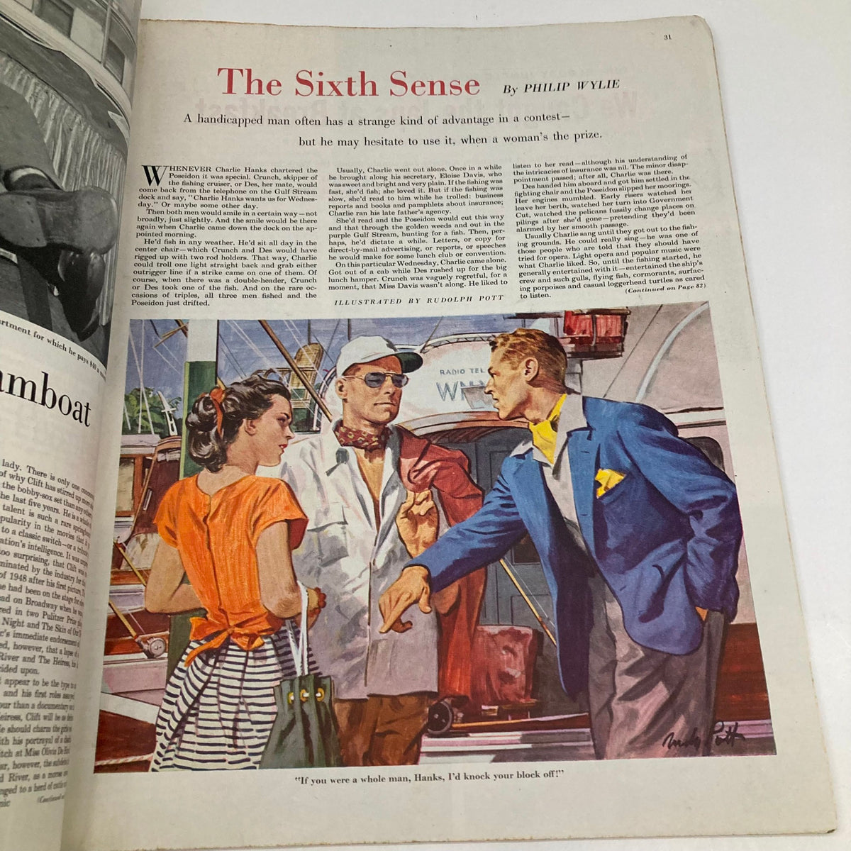 Illustration from the Saturday Evening Post August 27 1949 depicting a dramatic scene titled 'The Sixth Sense,' featuring characters in a suspenseful interaction.