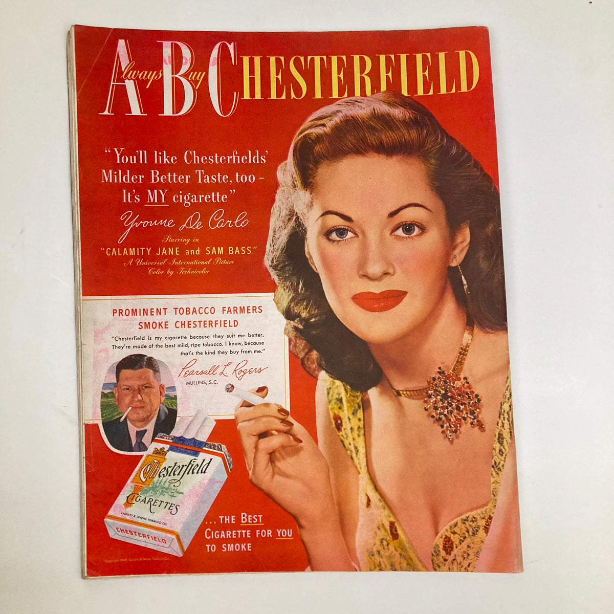 Cover of the Saturday Evening Post August 27 1949 showcasing an advertisement for Chesterfield cigarettes with actress Yvonne De Carlo, reflecting classic mid-20th century advertising.