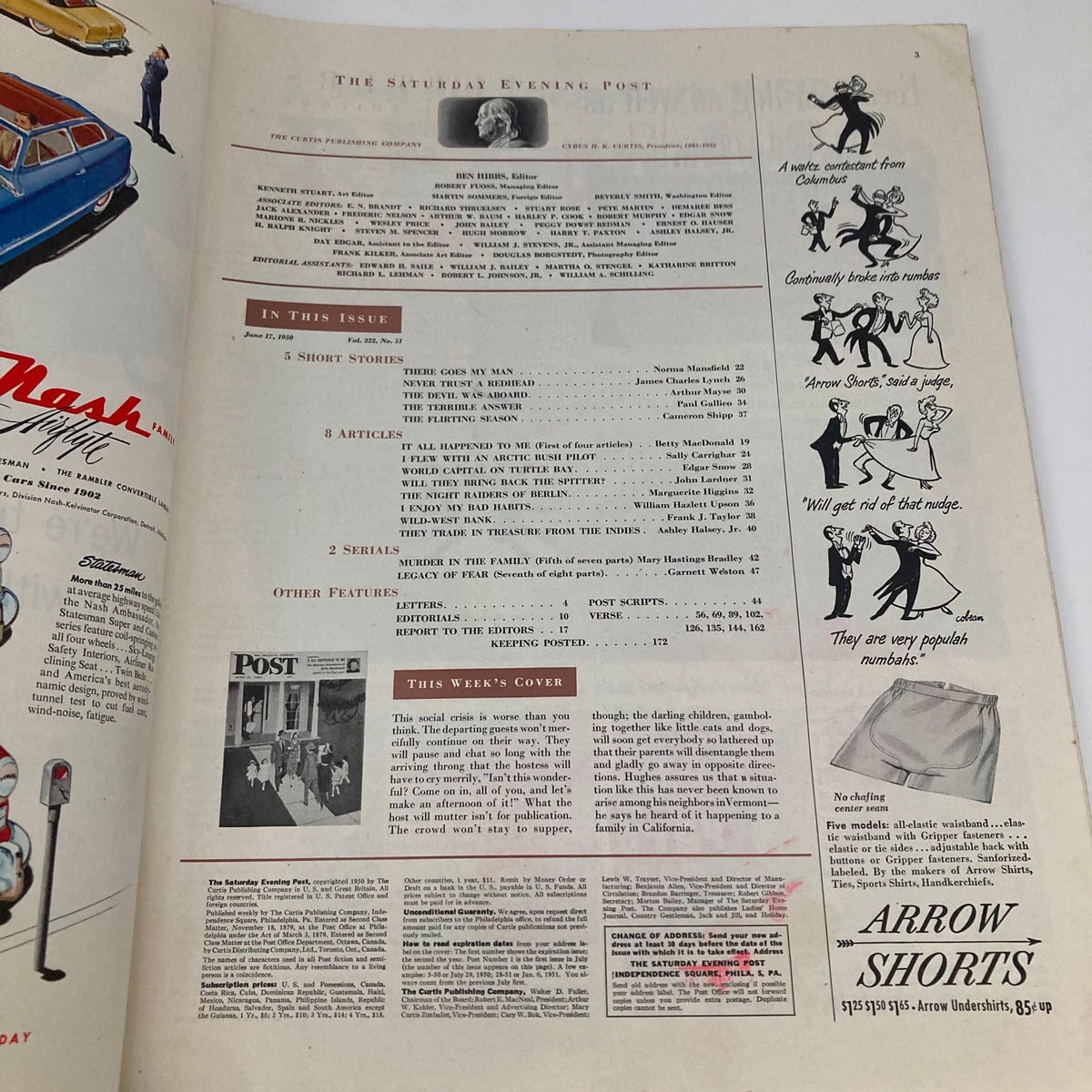 Interior page of the Saturday Evening Post Magazine from June 17, 1950, featuring a table of contents and introductory remarks by the editor.