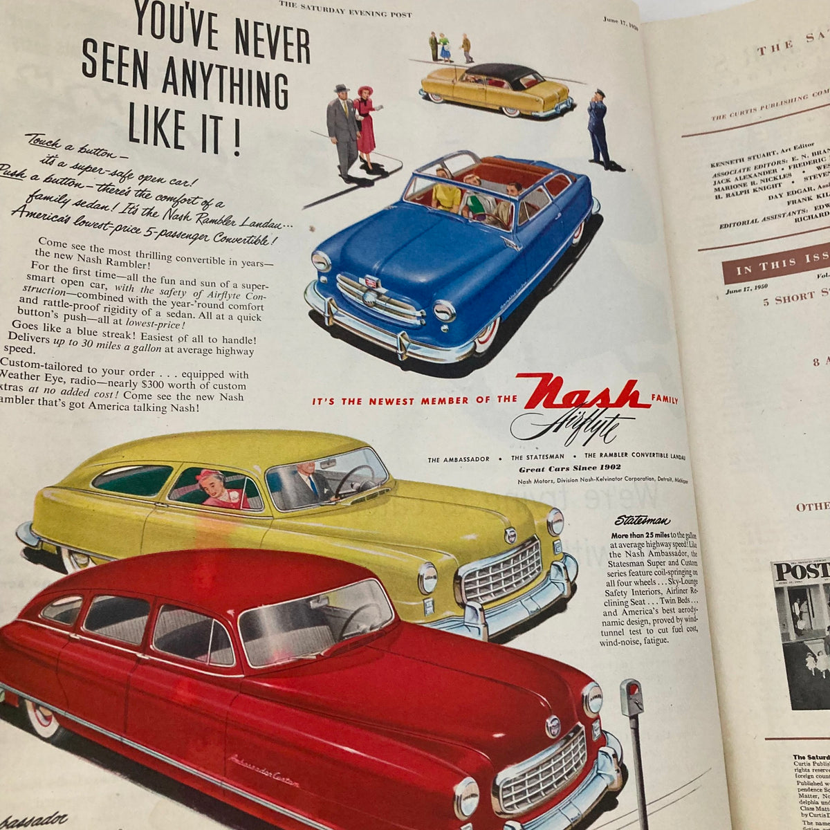 Advertisement featured in the Saturday Evening Post Magazine from June 17, 1950, showcasing the newest Nash Rambler with colorful cars and family-friendly features.