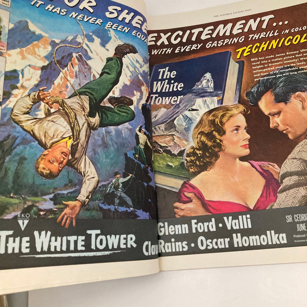 Saturday Evening Post June 17 1950 illustrated cover showcasing a dramatic scene from the film 'The White Tower', featuring characters caught in an exciting mountain adventure.