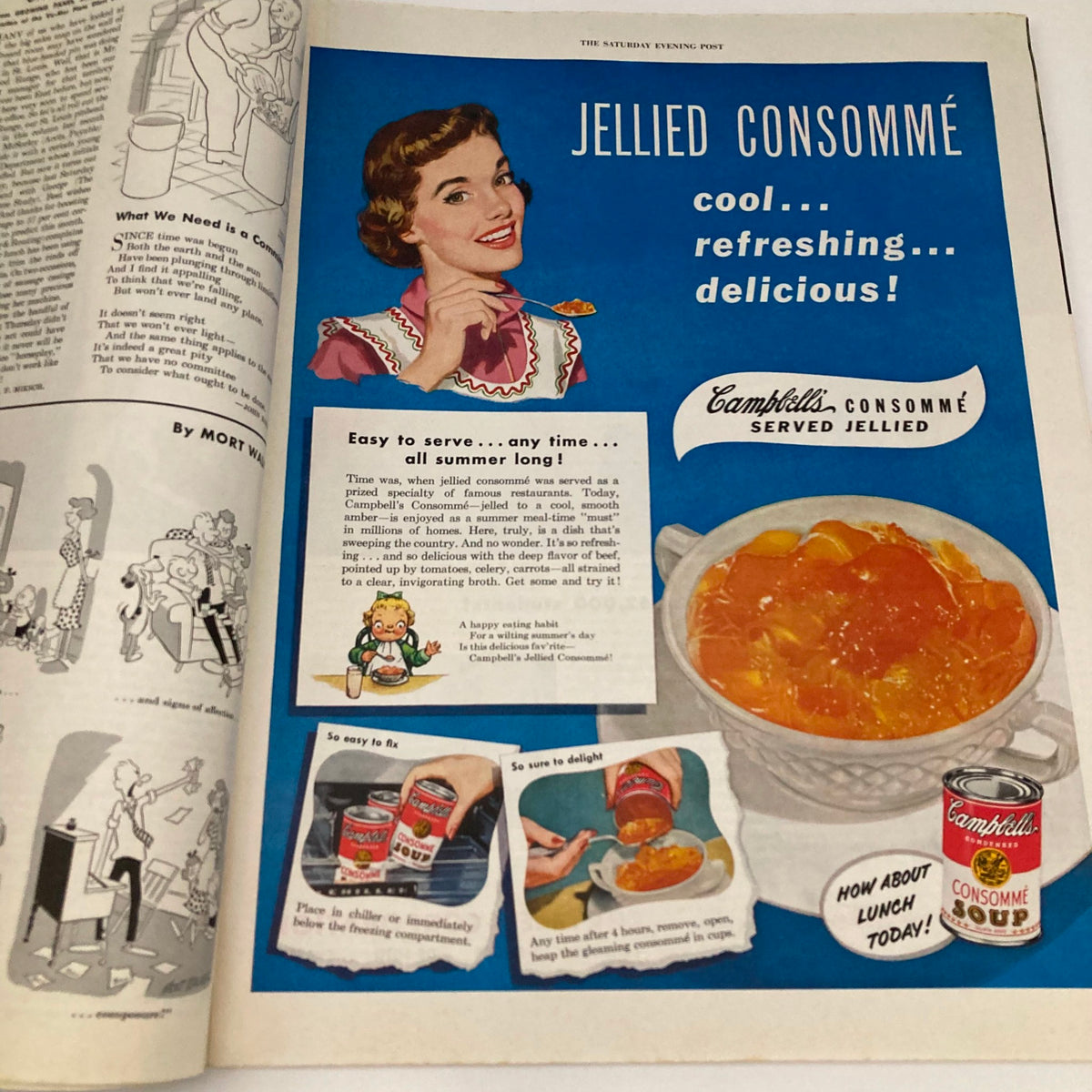 Saturday Evening Post June 17 1950 advertisement for 'Jellied Consommé' by Campbell's, illustrating a cheerful woman enjoying a dish of jellied soup with a colorful background.