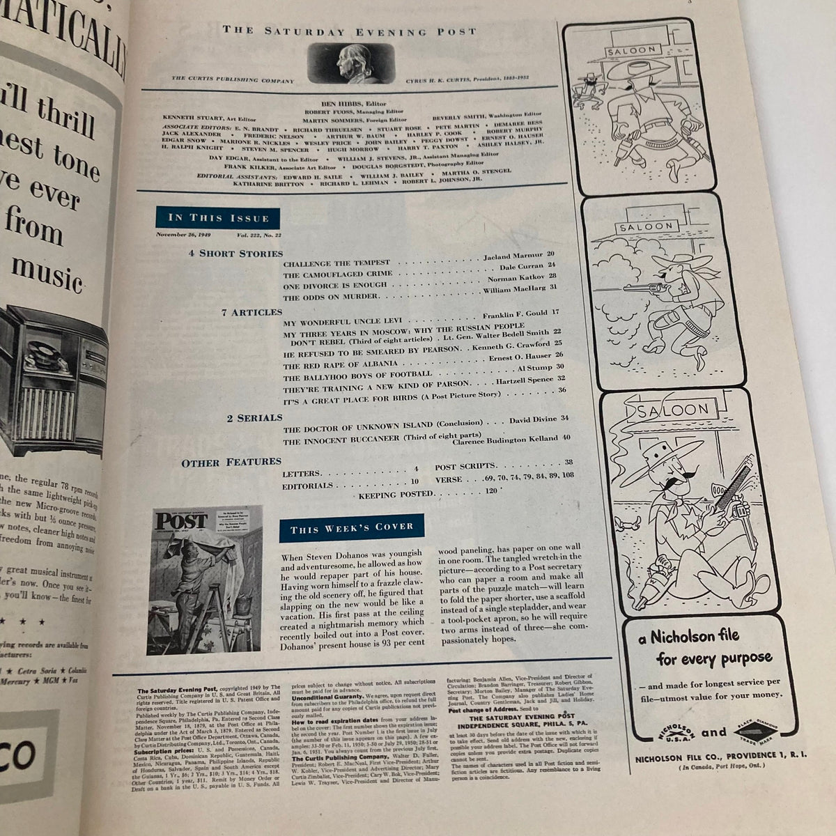 Inside page of the Saturday Evening Post Magazine from November 26, 1949, displaying the table of contents and relevant features of the issue.
