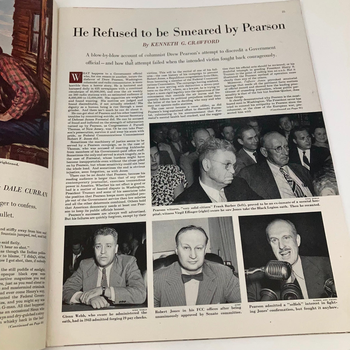 Article page titled 'He Refused to be Smeared by Pearson' from the Saturday Evening Post Magazine November 26, 1949, discussing an account of a journalist's controversies.