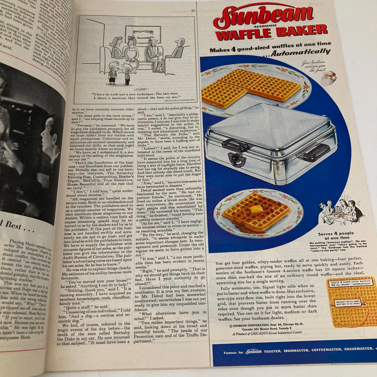 Illustration from Saturday Evening Post Magazine November 26, 1949 featuring a Sunbeam Waffle Baker advertisement promoting golden, crispy waffles. This vintage magazine showcases American life and culture from the late 1940s.