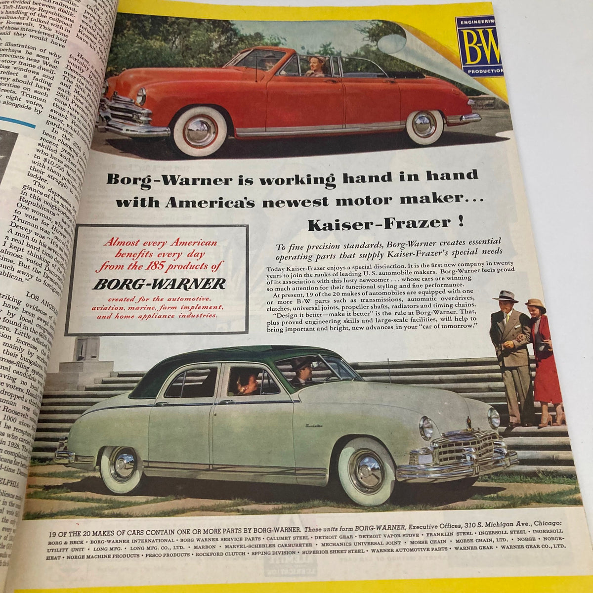 Advertisement from the Saturday Evening Post Magazine January 22, 1949, featuring vintage automobiles from Kaiser-Frazer and promoting Borg-Warner parts, reflecting mid-20th century automotive culture.