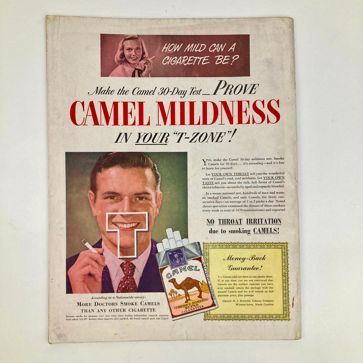 Camel cigarette advertisement featuring a well-dressed man with a cigarette, promoting the Camel 30-Day Test for mildness in your T-zone. This vintage ad highlights a cheerful woman and showcases the Camel brand and its money-back guarantee.