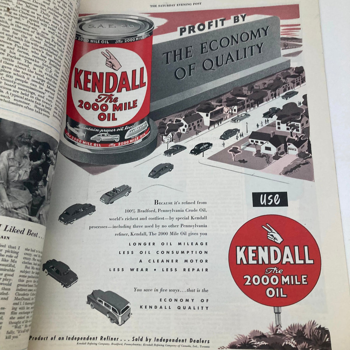 Advertisement for Kendall The 2000 Mile Oil from the Saturday Evening Post Magazine November 22 1949, showcasing a can of oil with related text about oil mileage and economy.