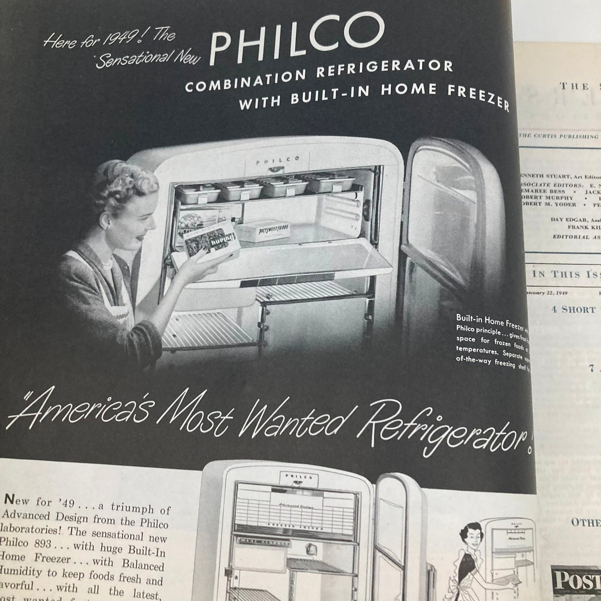 Advertisement page from the Saturday Evening Post Magazine January 22, 1949, featuring the Philco refrigerator with built-in home freezer.