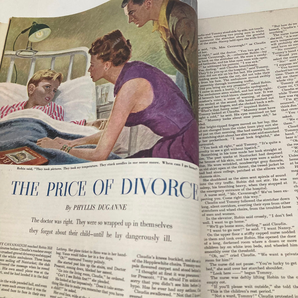 Illustrated page from Saturday Evening Post Magazine January 22 1949 featuring a dramatic scene titled 'The Price of Divorce' by Phyllis Duganne, depicting a mother and father concerned for their sick child.