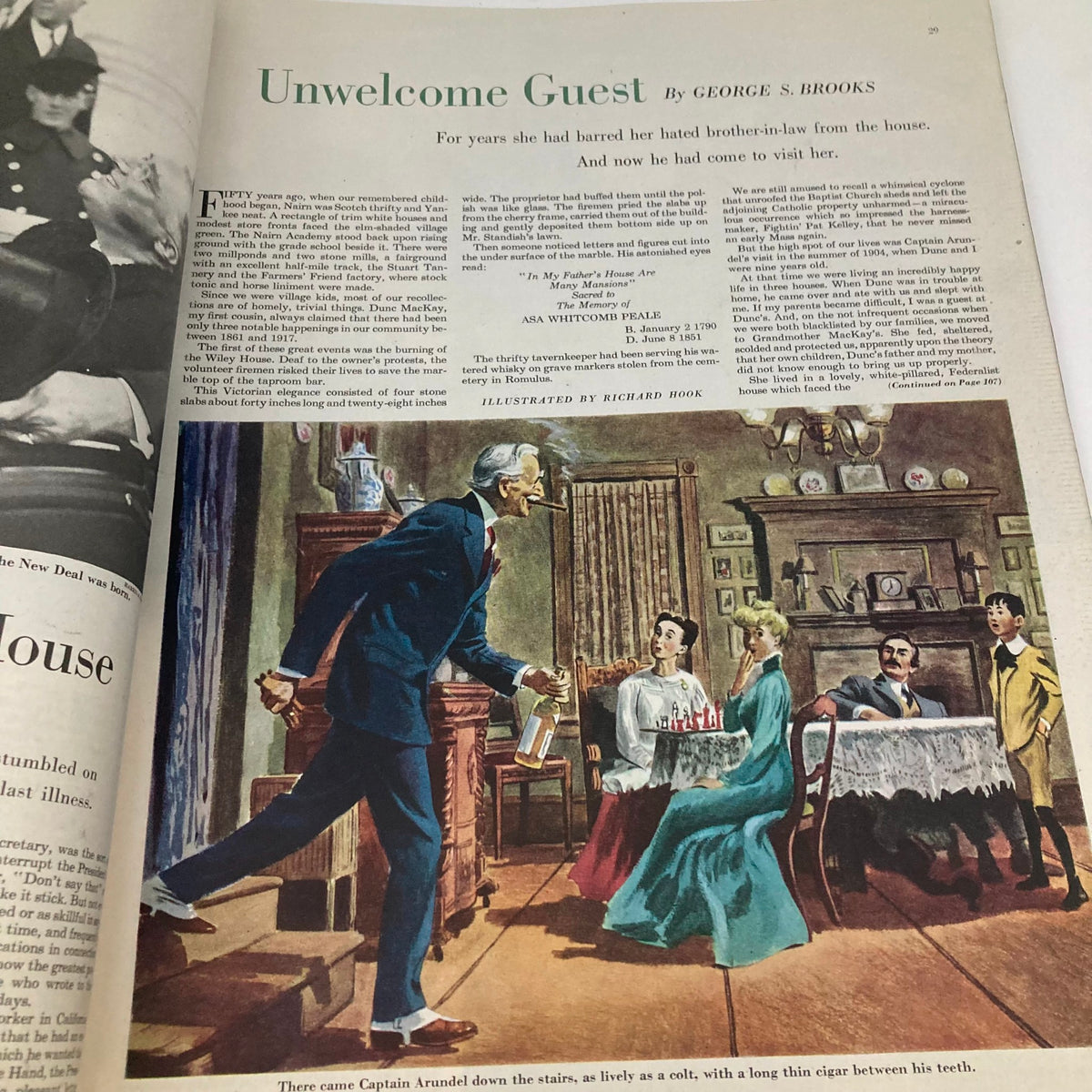 Illustrated page from Saturday Evening Post Magazine January 22 1949 showcasing a narrative titled 'Unwelcome Guest' by George S. Brooks, featuring a vintage scene with a gentleman entering a dining room.