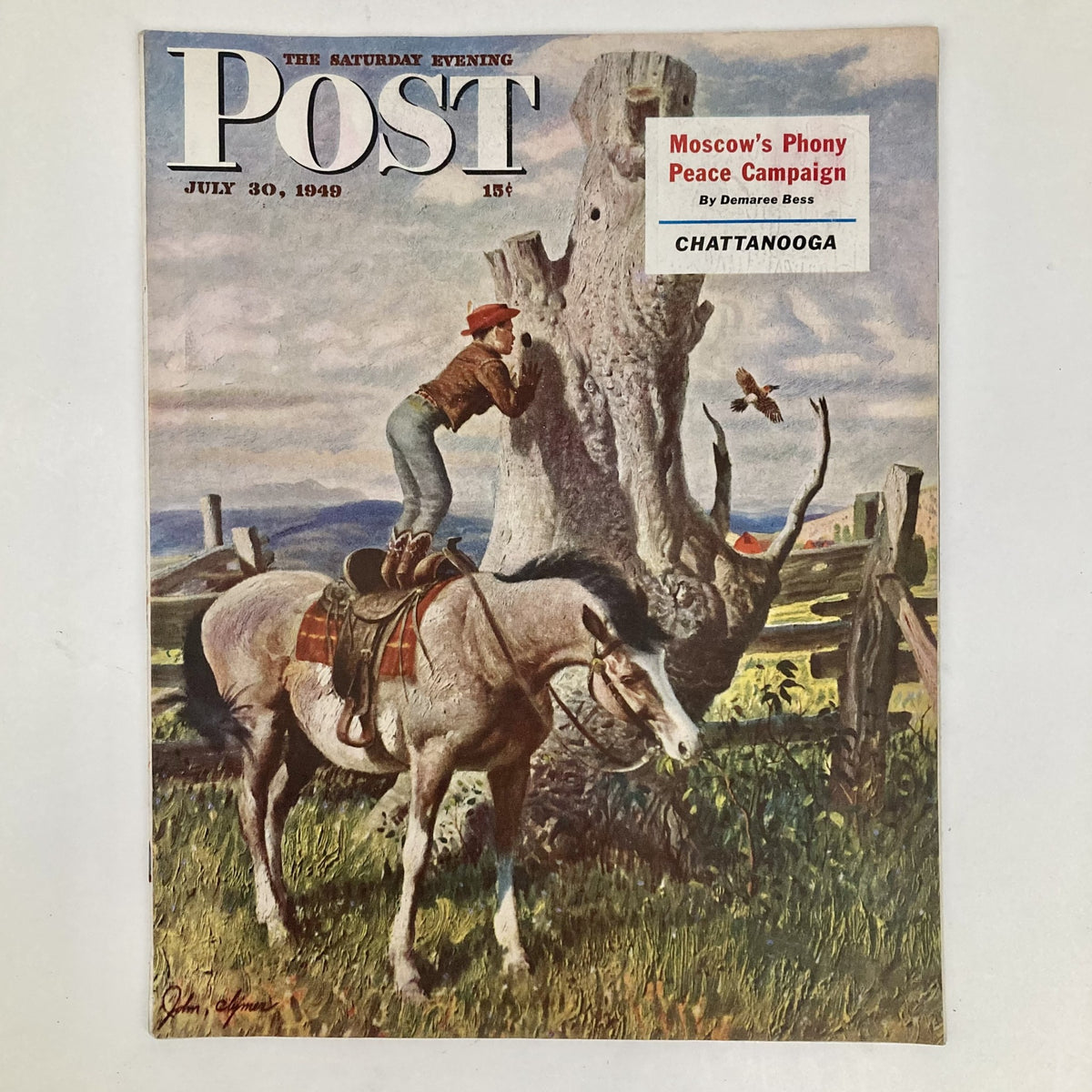 Saturday Evening Post Magazine Cover - July 30, 1949 featuring an illustration of a cowboy on horseback, highlighting American culture and nostalgia.