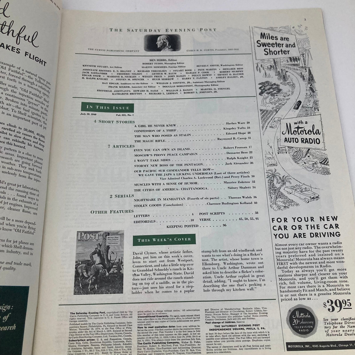 Interior page of the Saturday Evening Post Magazine from July 30, 1949, displaying the table of contents and articles featured within.