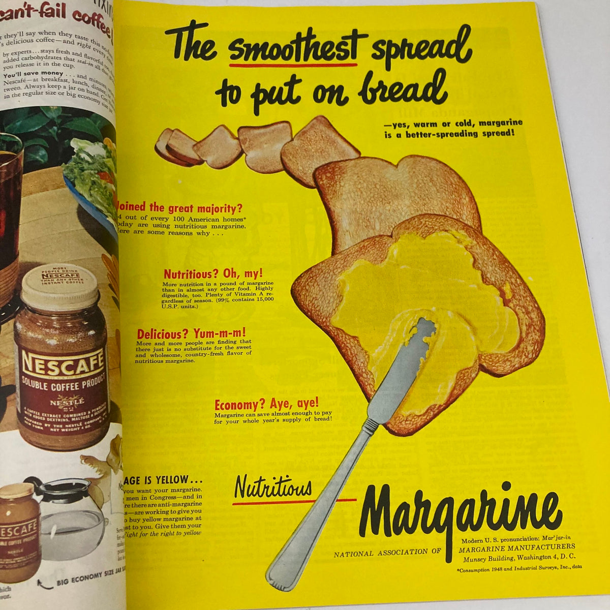 Advertisement for nutritious margarine in the Saturday Evening Post Magazine from July 30, 1949, showcasing food and dietary trends of the 1940s.