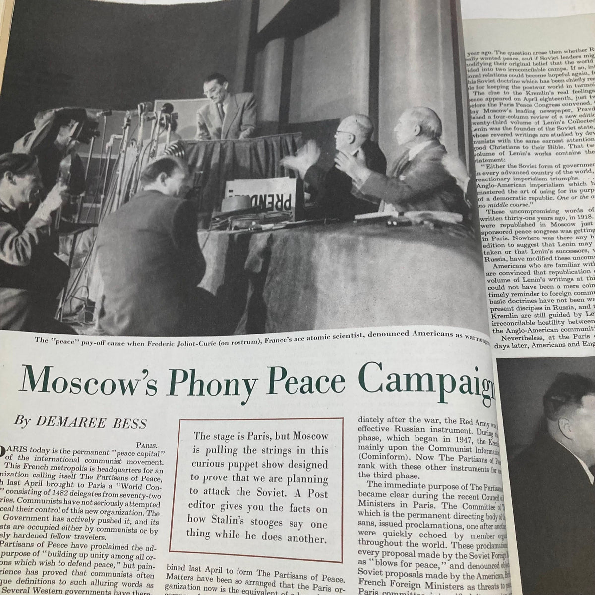 Article page titled 'Moscow's Phony Peace Campaign' from the Saturday Evening Post Magazine of July 30, 1949, discussing political themes of the era.