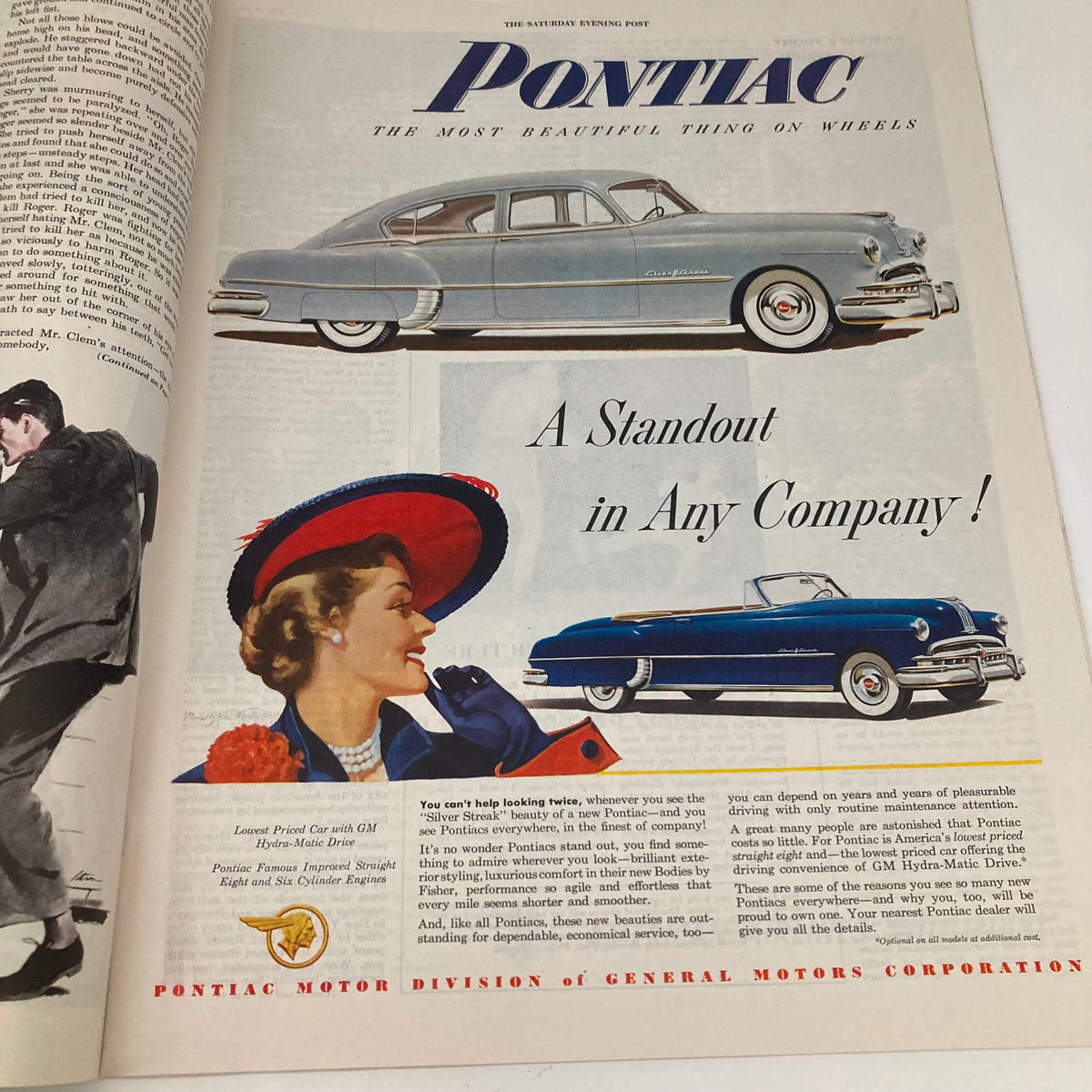 Advertisement for Pontiac cars in the Saturday Evening Post Magazine from July 30, 1949, featuring stylish vehicles and a glamorous model.