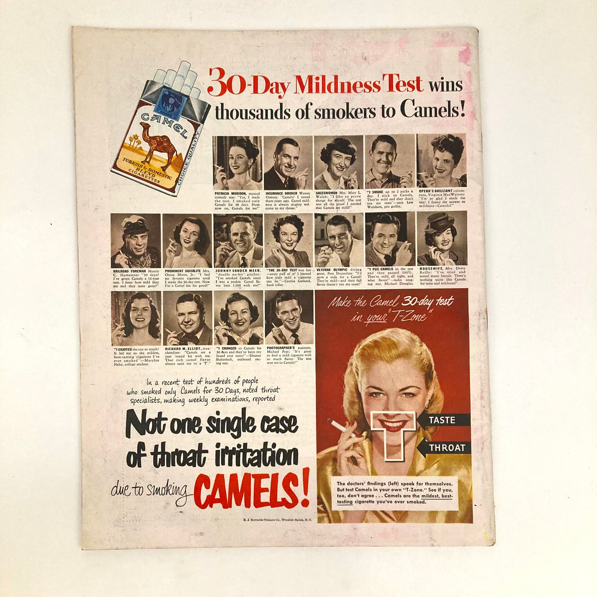 Vintage advertisement from the Saturday Evening Post Magazine July 30, 1949, promoting Camel cigarettes with a '30-Day Mildness Test' and testimonials from smokers, featuring a woman smoking.