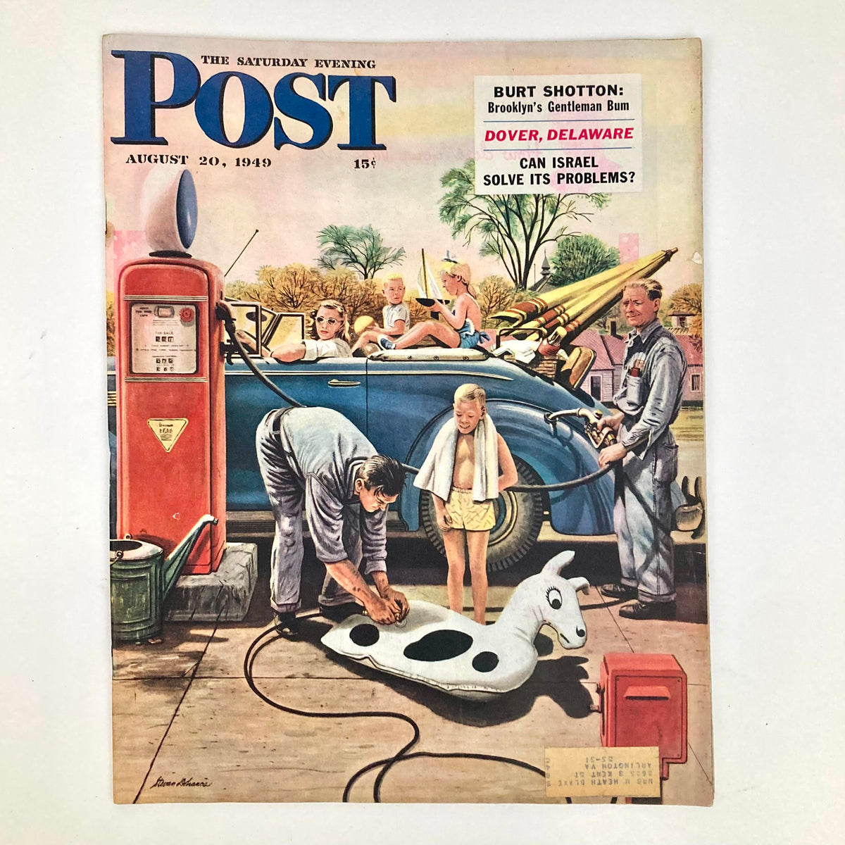 Saturday Evening Post Magazine Cover from August 20, 1949, illustrated by Stevan Dohanos, featuring a nostalgic scene with children playing and adults interacting around a vintage gas station.