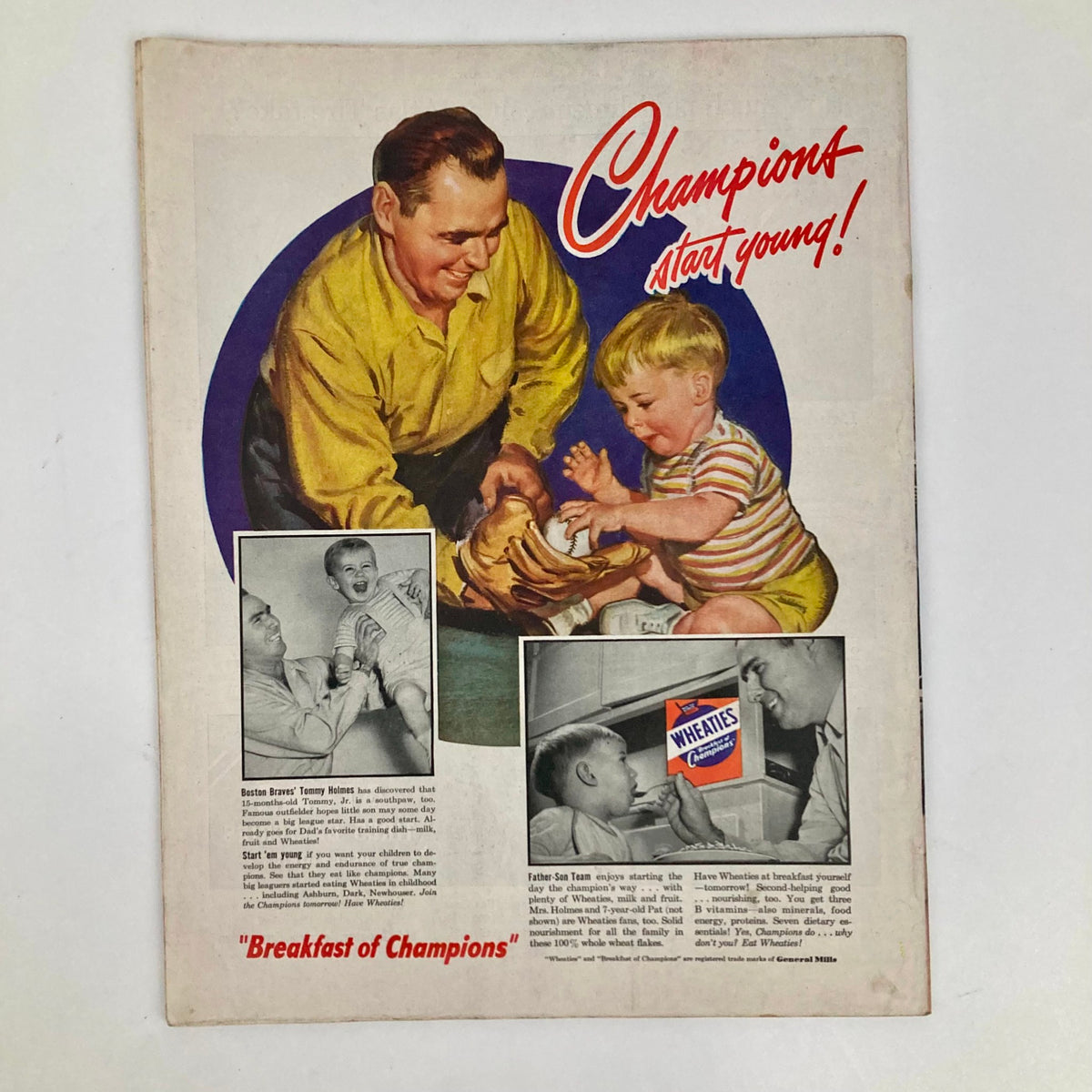 Promotional image for Wheaties featuring a father and son in the Saturday Evening Post Magazine August 20, 1949, emphasizing the theme 'Champions start young!'.