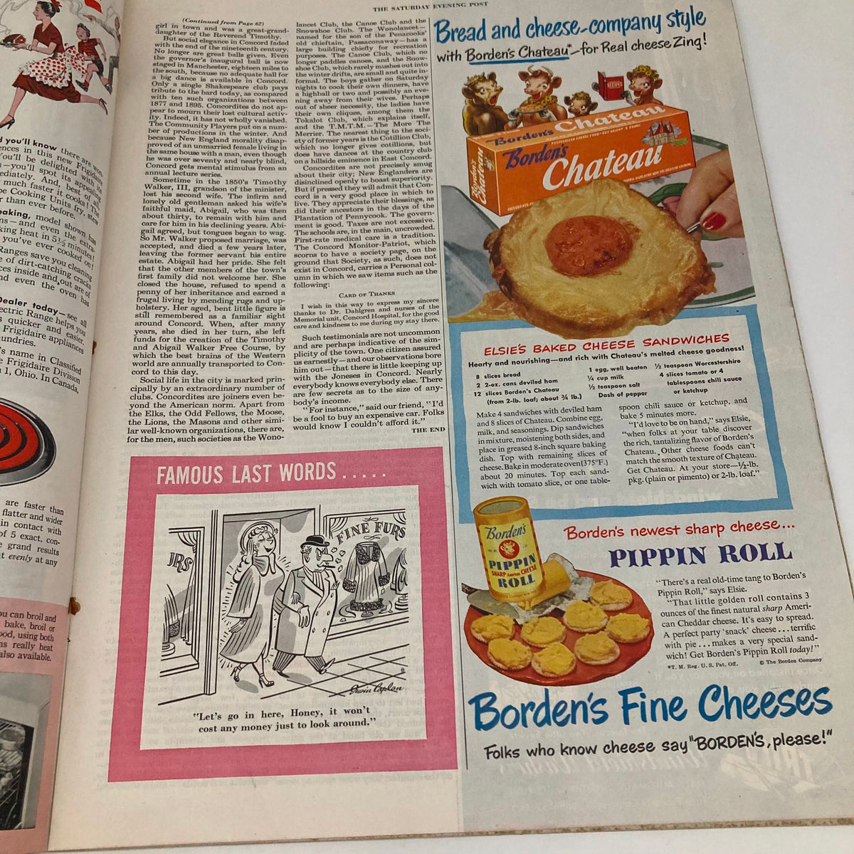 Advertisement and comic page from the Saturday Evening Post Magazine, October 22, 1949, featuring Borden's cheese products and a humorous comic strip, illustrating the variety of content in the magazine.