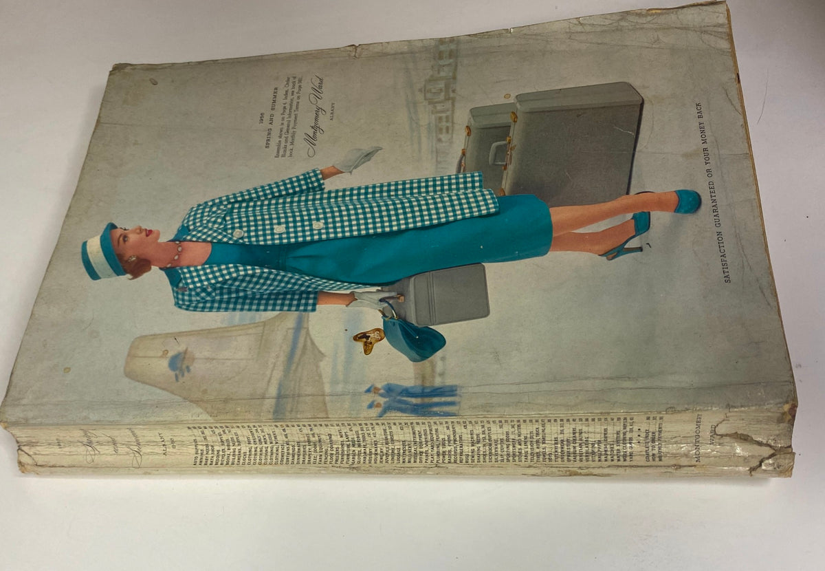 Side view of the cover of the 1956 Montgomery Ward Spring and Summer Catalog highlighting a fashionable model in a turquoise outfit with accessories.