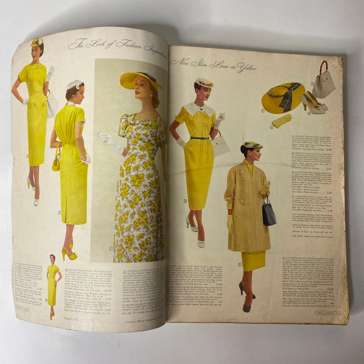 Interior pages of the 1956 Montgomery Ward Spring and Summer Catalog showcasing stylish yellow dresses and coordinating accessories.