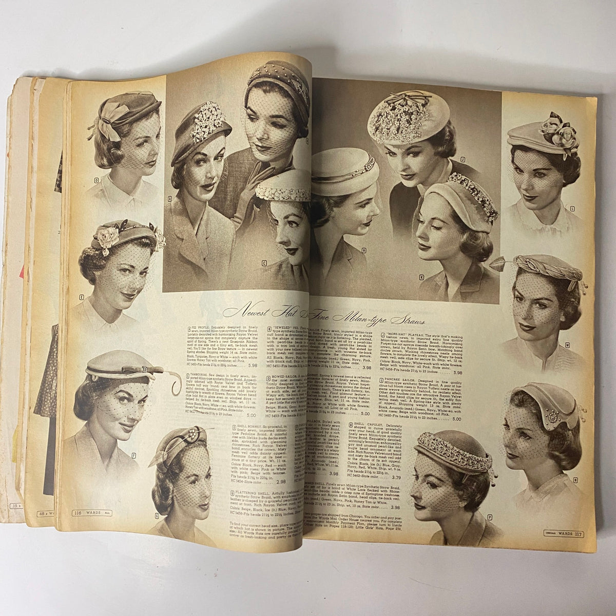 Interior pages of the 1956 Montgomery Ward Spring and Summer Catalog exhibiting fashionable hats and millinery styles.