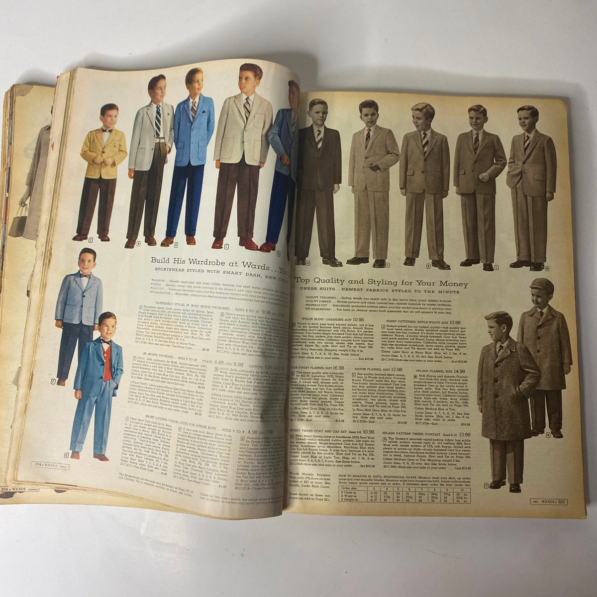 Stylish clothing options for boys showcased in the 1956 Montgomery Ward Spring and Summer Catalog featuring tailored suits and complementing accessories.