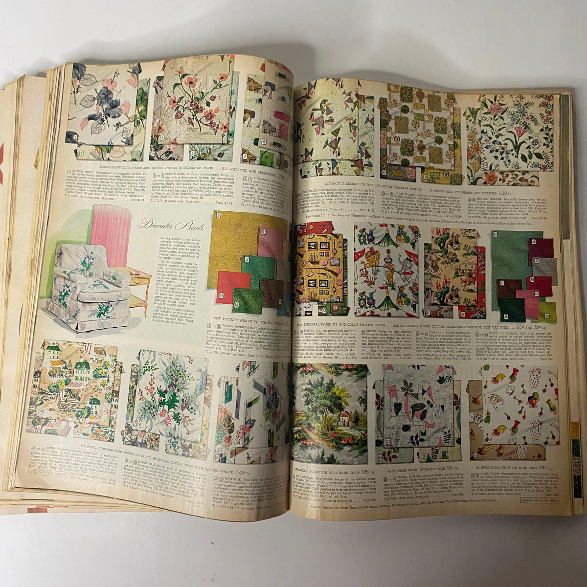 Interior page of the 1956 Montgomery Ward Spring and Summer Catalog displaying decorative prints, featuring colorful patterns and illustrations relevant to home decor.