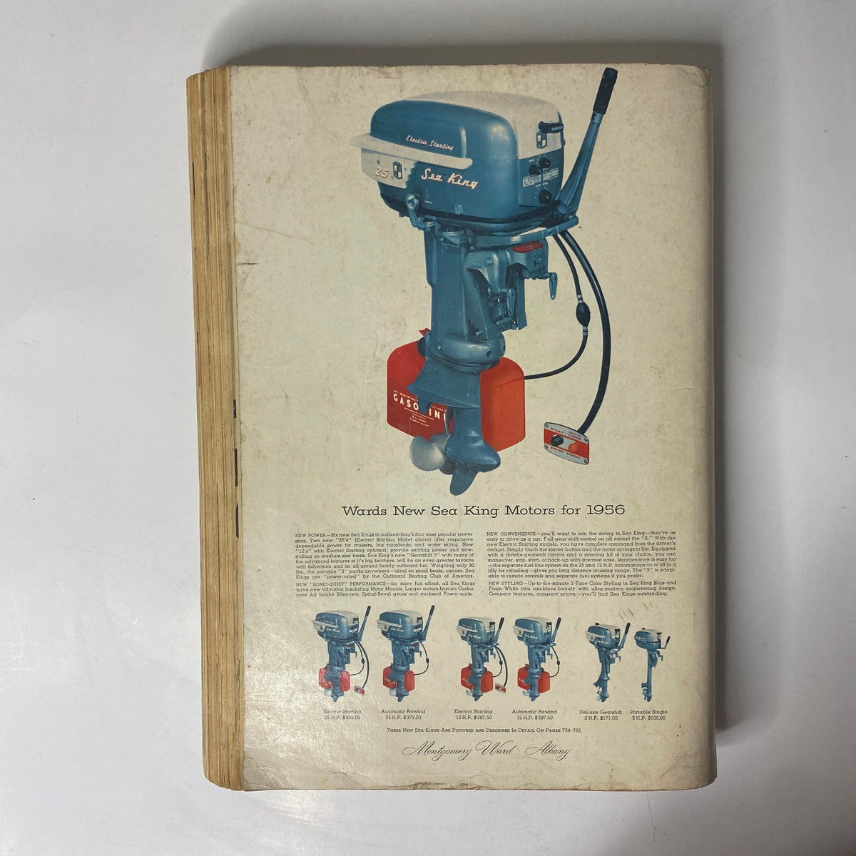 Back cover of the 1956 Montgomery Ward Spring and Summer Catalog featuring the Sea King Motor, showcasing vintage design and specifications for boating enthusiasts.