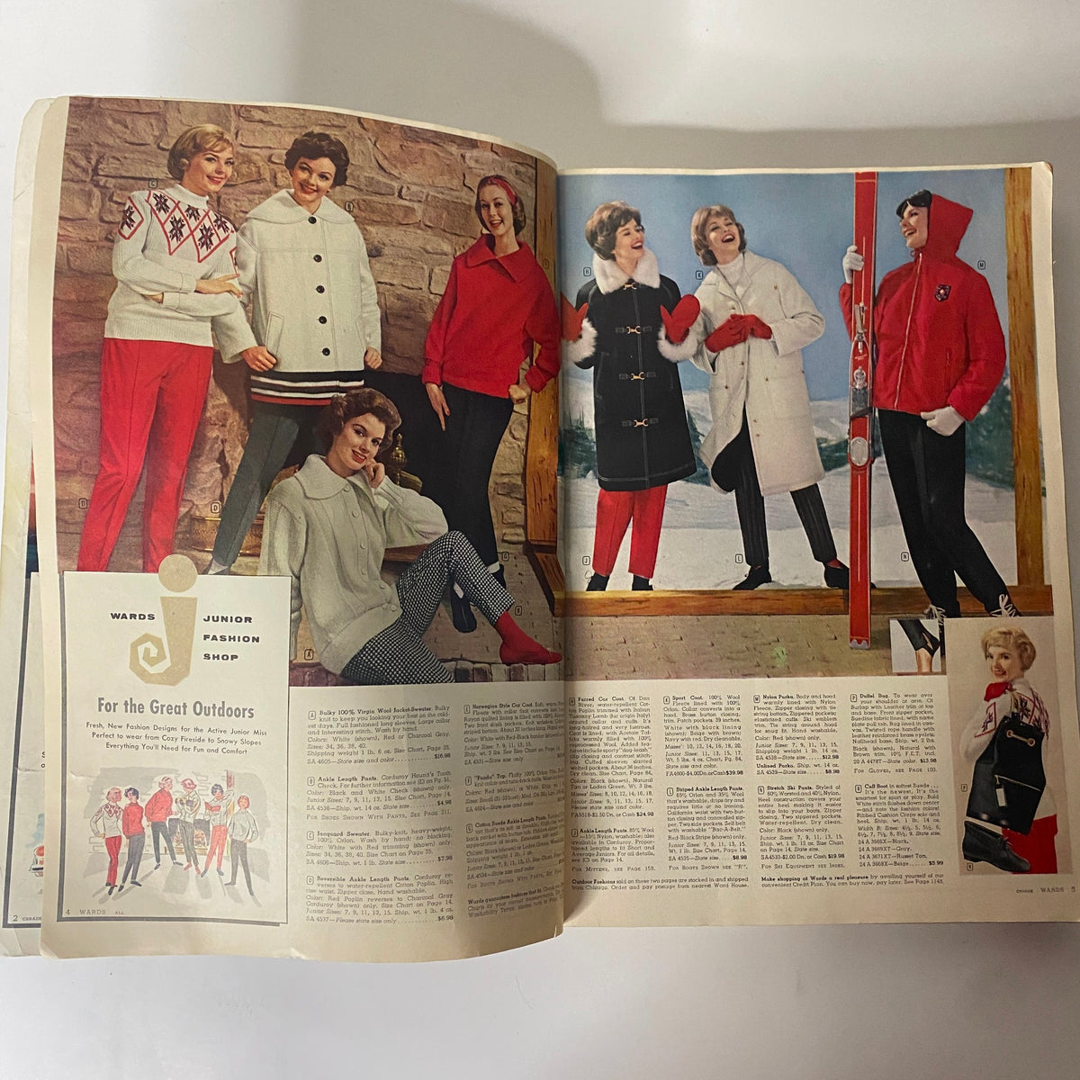 Inside pages of the 1959 Montgomery Ward Fall and Winter Catalog showcasing fashionable winter outfits for juniors, featuring models in a snowy setting.