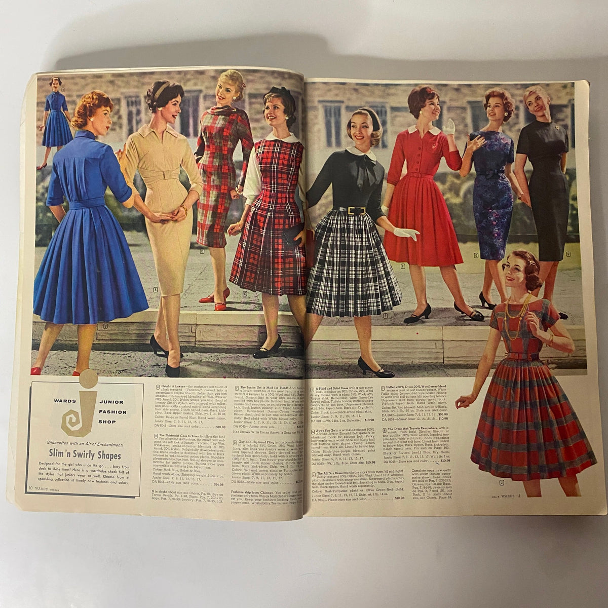 Fashionable dresses displayed in the 1959 Montgomery Ward Fall and Winter Catalog, illustrating various styles worn by models, emphasizing mid-century fashion trends.