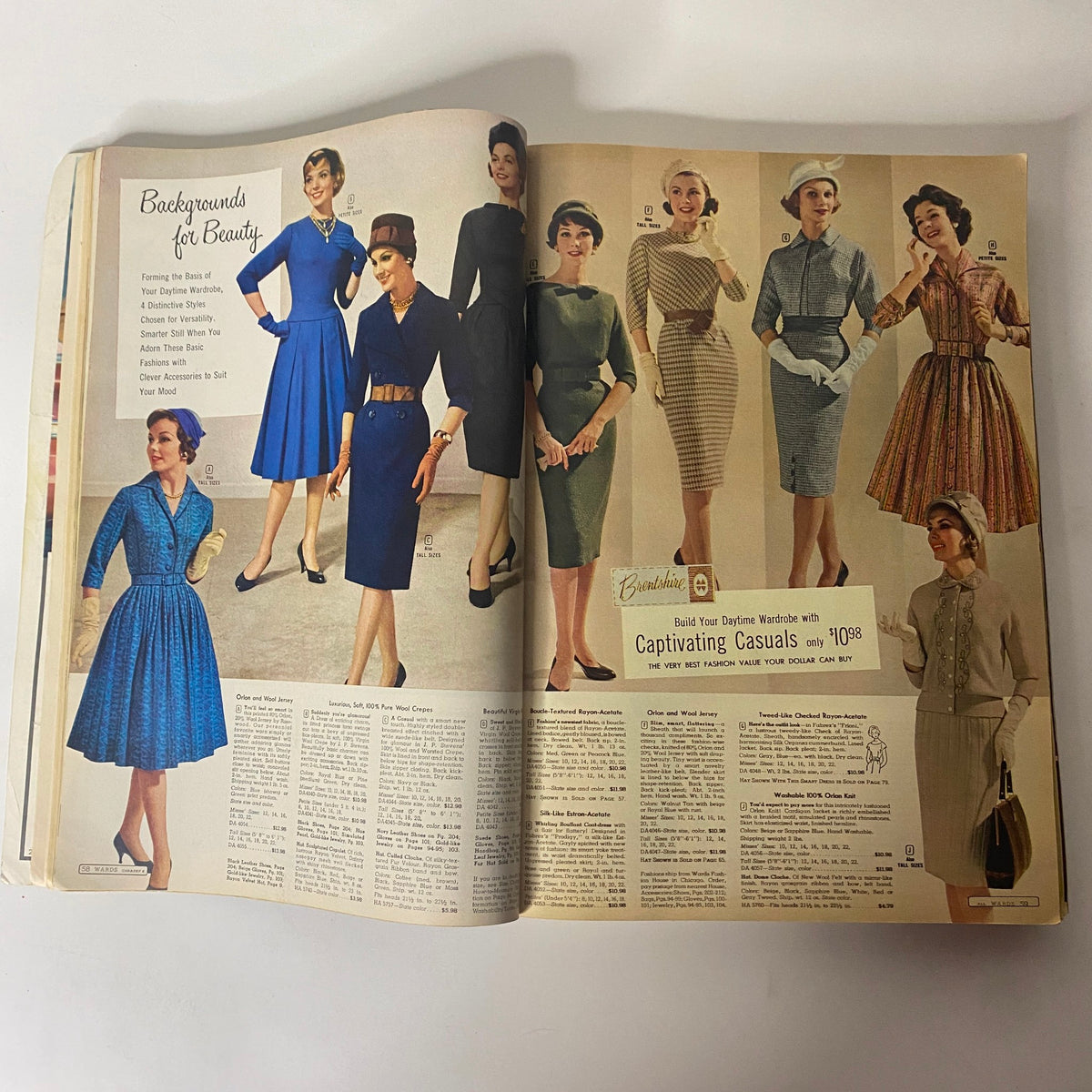 Stylish outfits from the 1959 Montgomery Ward Fall and Winter Catalog displayed on models, capturing key fashion elements of the late 1950s.