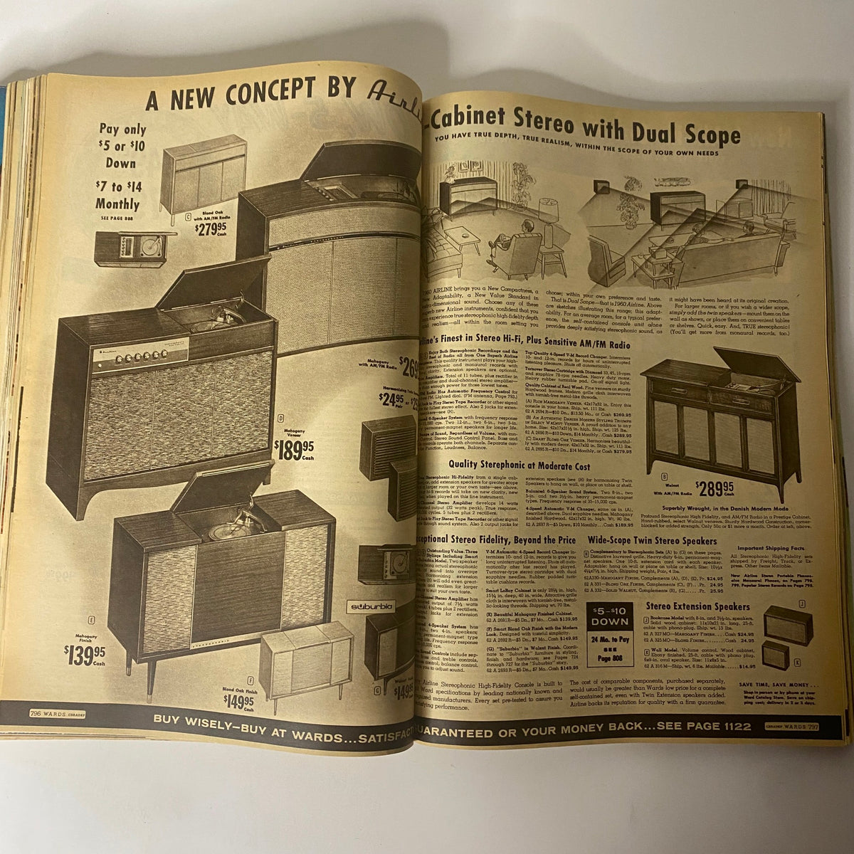 Page of the 1959 Montgomery Ward Fall and Winter Catalog featuring cabinet stereo systems for home audio, emphasizing mid-century modern design and sound quality.