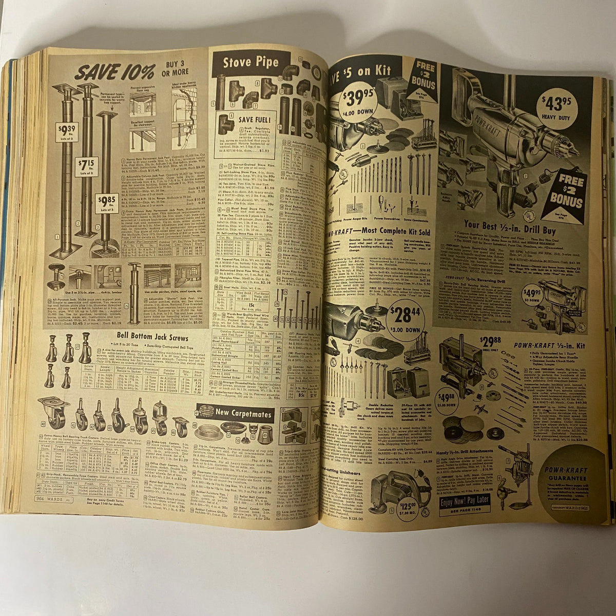 Section of the 1959 Montgomery Ward Fall and Winter Catalog detailing home improvement tools and hardware items available for purchase, reflecting practicality in mid-century consumer culture.