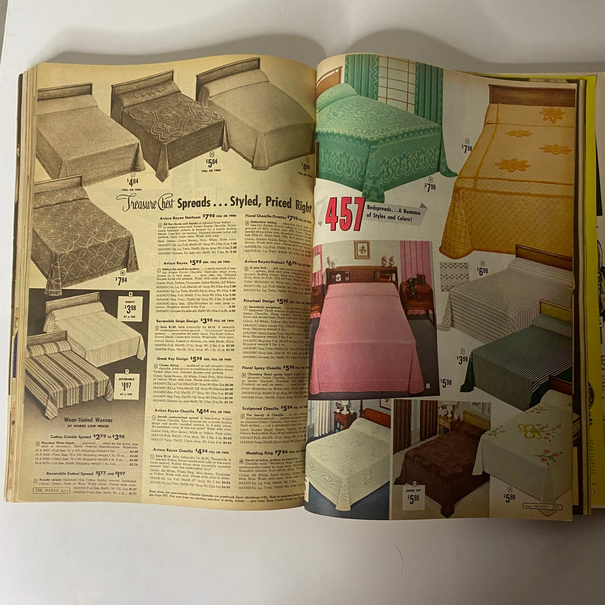 1959 Montgomery Ward Fall and Winter Catalog displaying a variety of stylish bedspreads and linens, highlighting vintage interior decor trends.