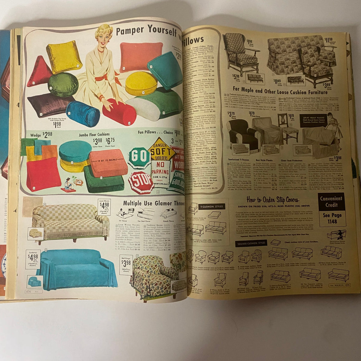 1959 Montgomery Ward Fall and Winter Catalog featuring colorful cushions and pillows, presenting mid-century home furnishings for comfort and style.